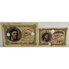 POLAND 1919 . ONE 1 ZLOTY and TWO 2 ZLOTE BANKNOTES . SPECIMEN